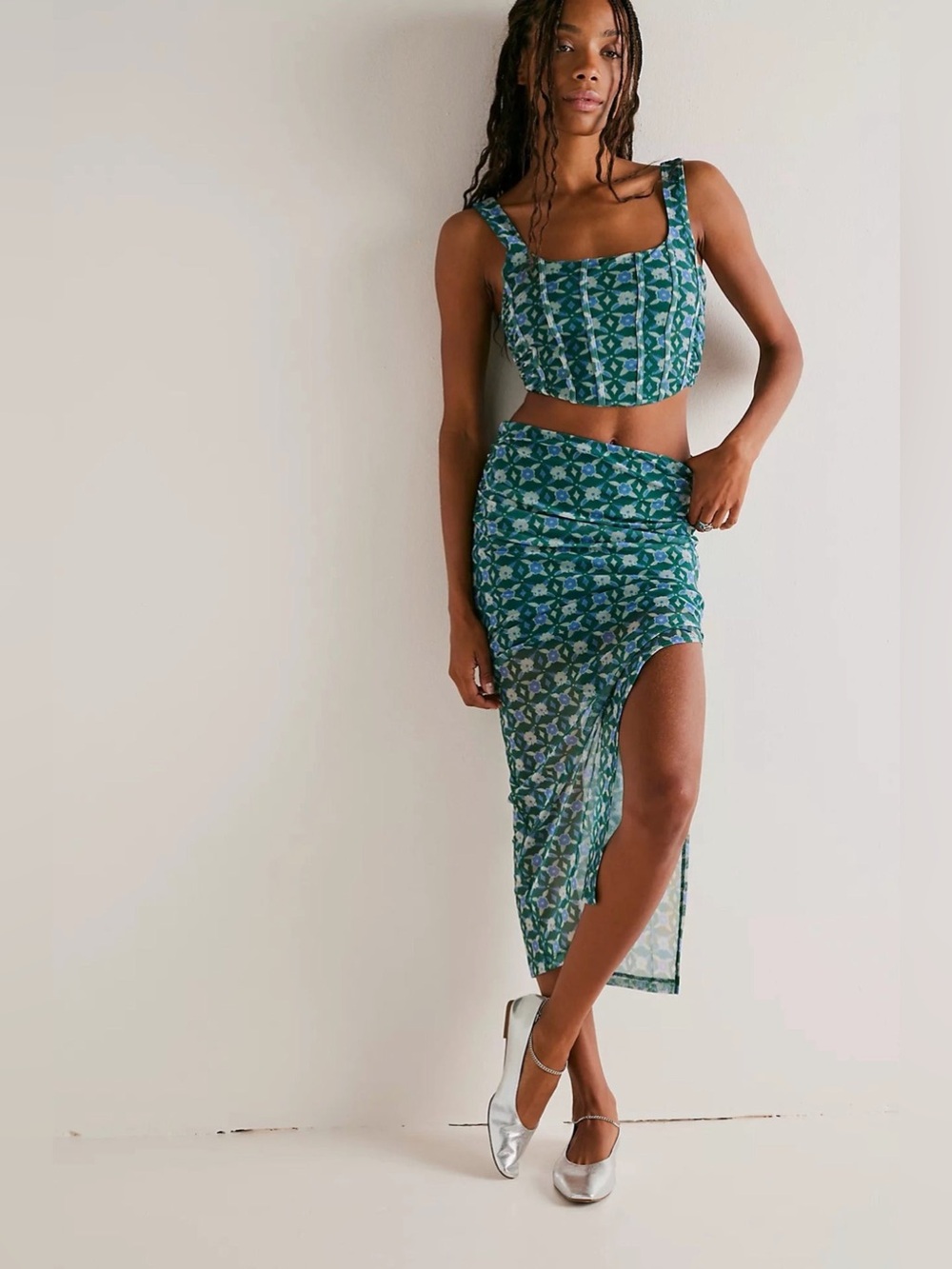 Free People Set Green Galaxy Corset Top and Printed High-Slit Maxi Skirt. Large